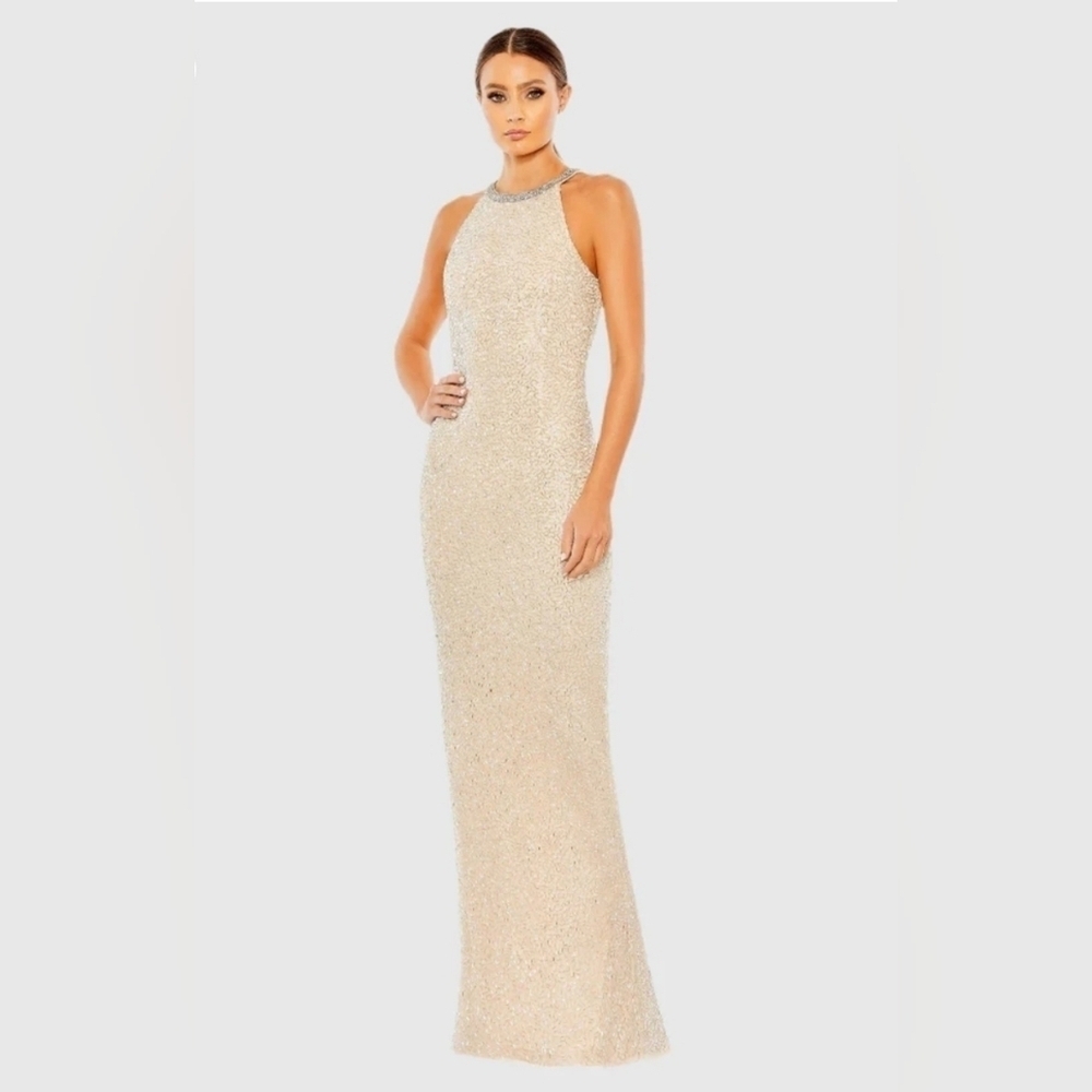 Mac Duggal, Beaded Sleeveless High Neck Column Gown, Nude/Silver, Size 8, NWT